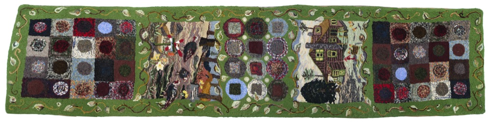 Tamar Stone Hand Hooked Rug primitive Rug Runner with circles image of house turkey and whirligigs, flowers